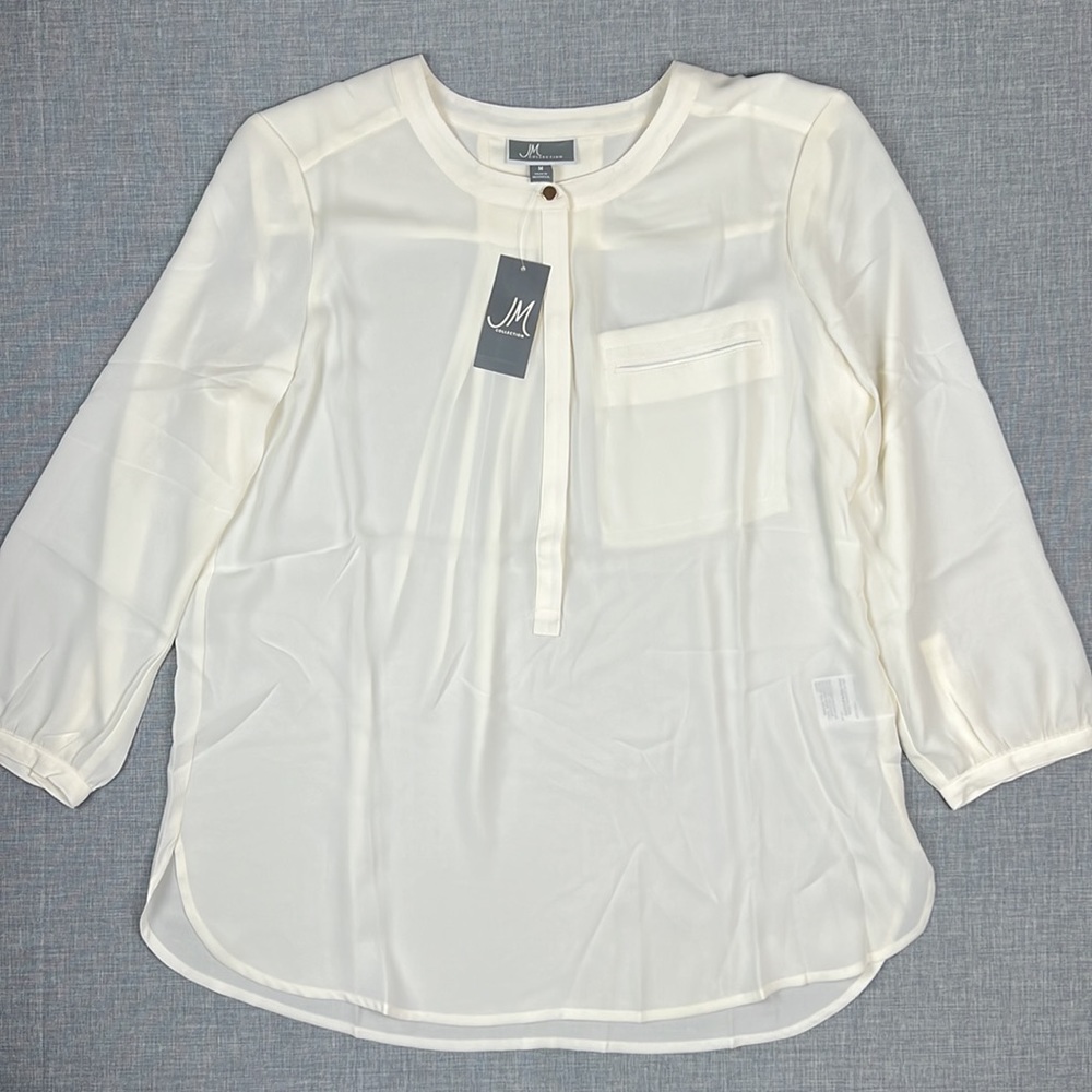 JM Collection Ivory Pleat-Back Semi Sheer Blouse Size Medium - Picture 2 of 6
